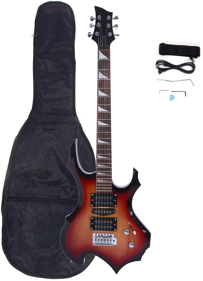 Professional Flame Type Electronic Guitar + Guitar Bag + Pick + Tremolo Bar + Link Cable Set (Sunset)