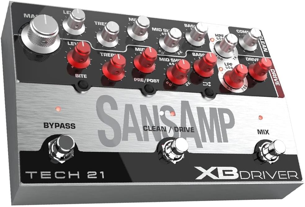 Tech 21 SansAmp XB Driver Bass Preamp Bundle with 2 Right Angle Patch Cables, 12 Guitar Picks, 9V Power Adapter & Polishing Cloth – Versatile Tone Shaping, Analog Amp Emulation, DI Output
