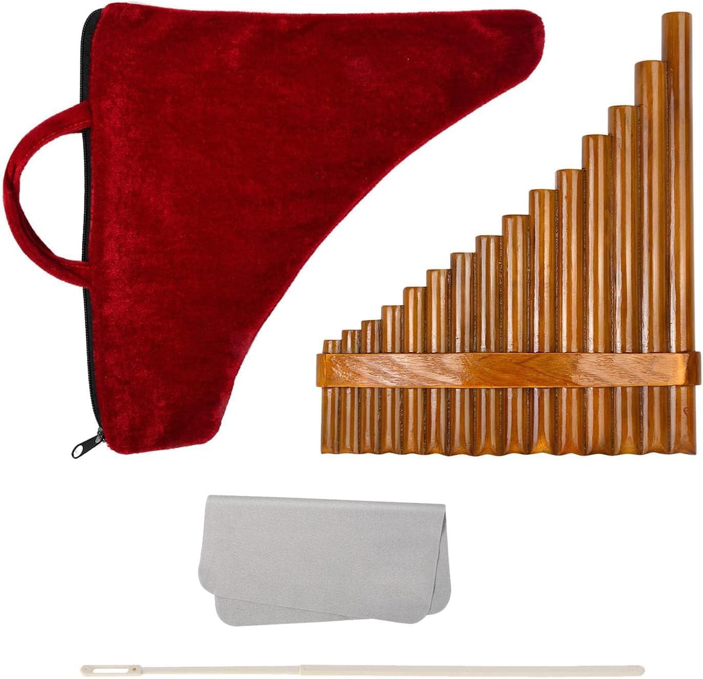 15 Pipes Brown Pan Flute G Key - Woodwind Instrument for Beginners and Musicians | Right-Handed with Velvet Case & Cleaning Kit
