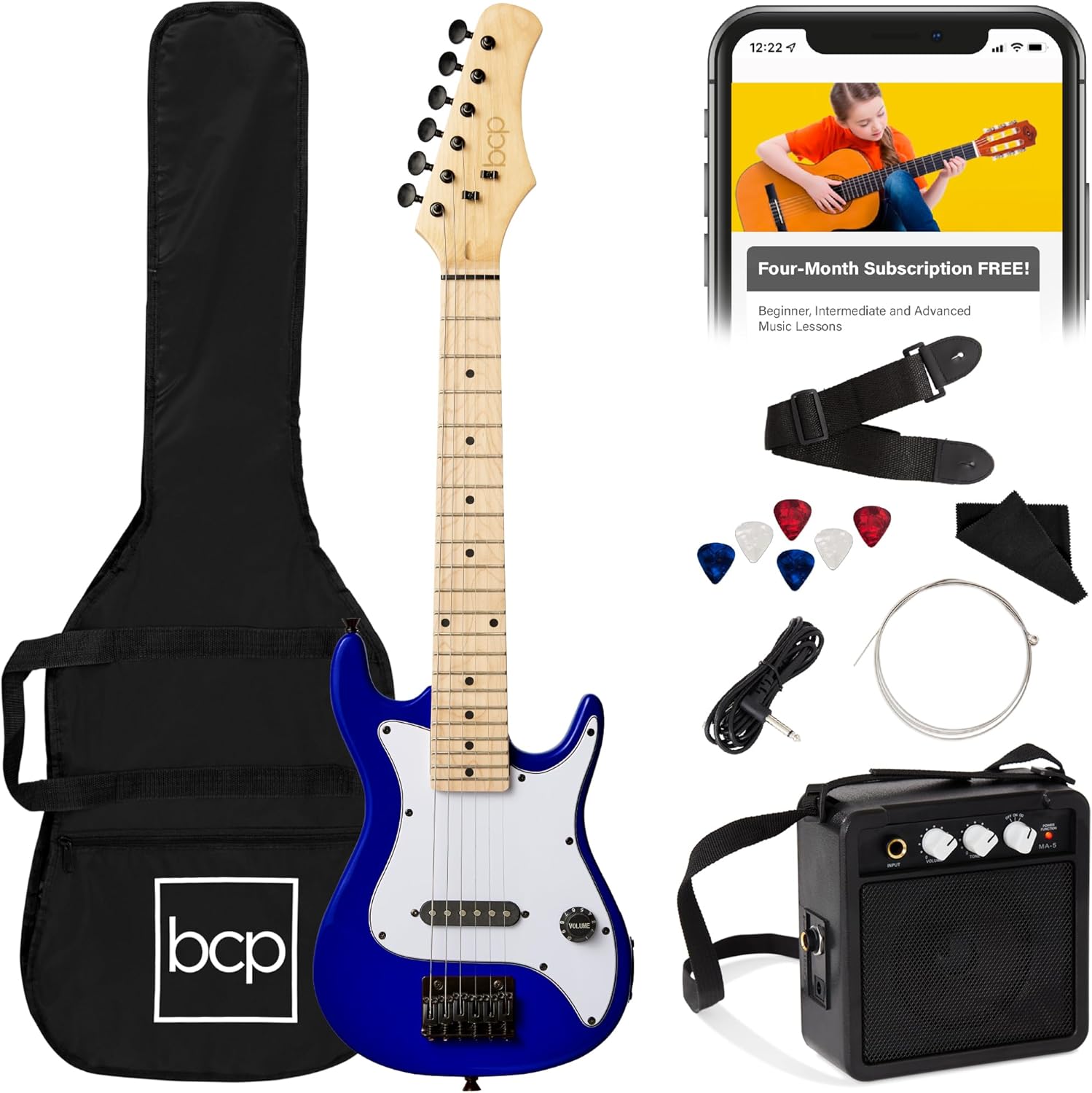 Best Choice Products 30in Kids Electric Guitar Beginner Starter Kit w/ 5W Amplifier, Strap, Gig Bag, Strings, Picks - Metallic Blue