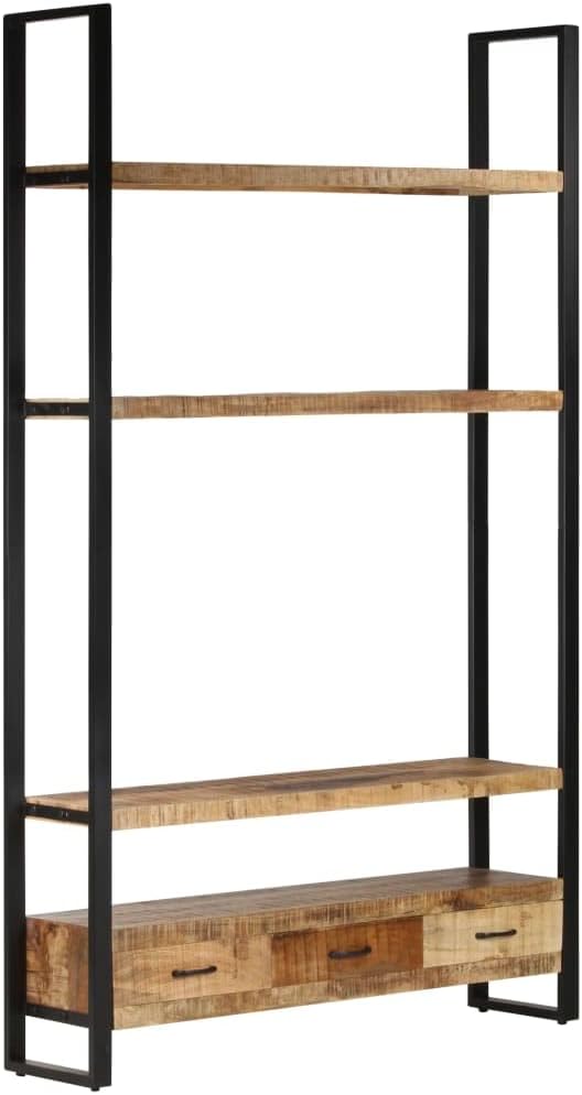 Rustic Solid Mango Wood Bookshelf with Black Metal Frame, 3 Spacious Shelves for Books and Decor, Unique Wood Grain Design, Wall Mountable Storage Unit for Living Room Office