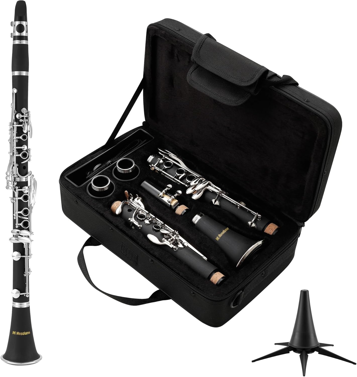B Flat Clarinet for Beginner, Student Clarinet Nickel-plated with 2 Barrels Stand Hard Case, Cleaning Kit for School Band Orchestra (Black)