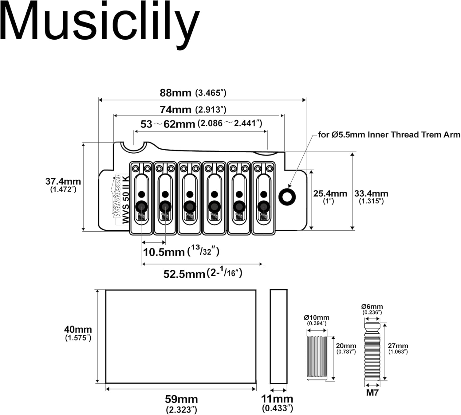 Wilkinson WVS50IIK 52.5mm 2-Point Tremolo Bridge with Steel Saddles Steel Block for USA/Mexico/Japan/Korea Strat Style Electric Guitar, Gold