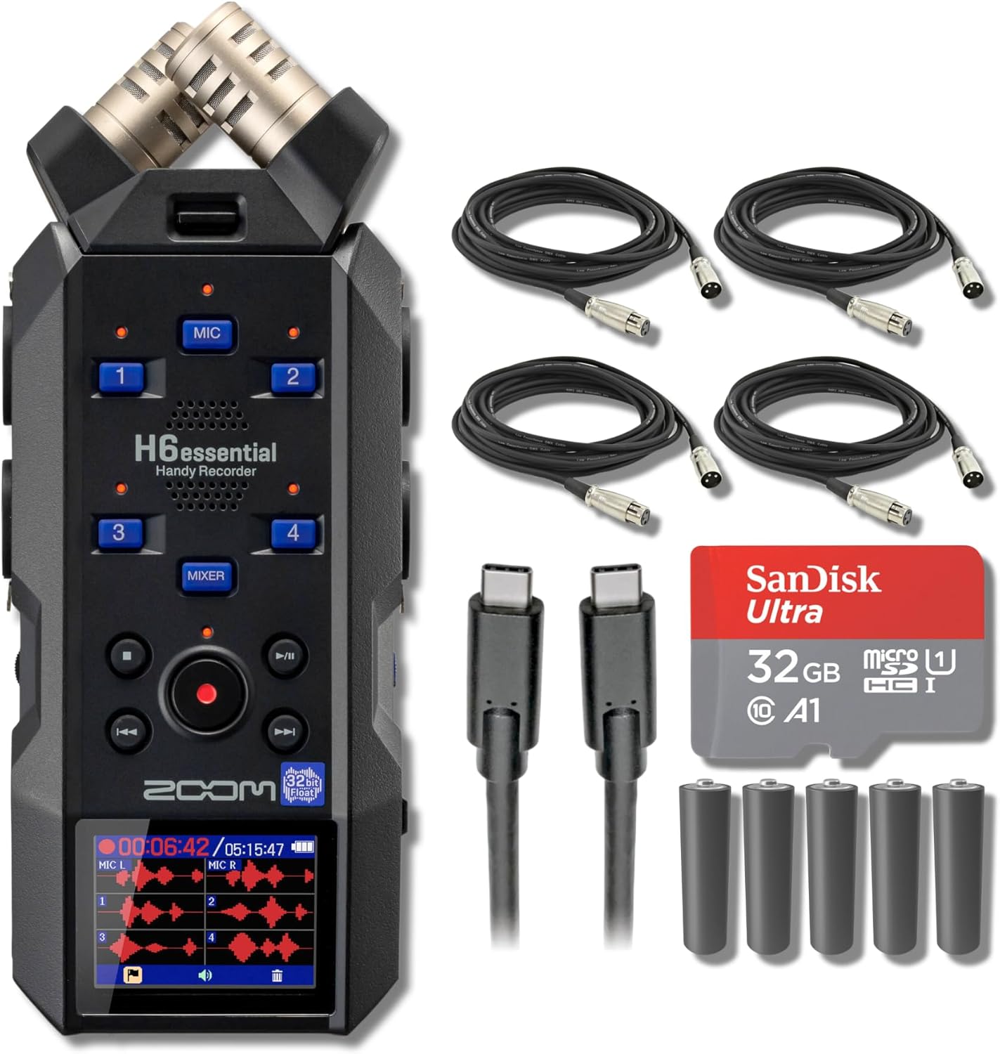 Zoom H6essential 6-Track 32-Bit Float Portable Audio Recorder with 32GB microSD Card, USB-C Cable, 10' XLR Cables and AA Batteries