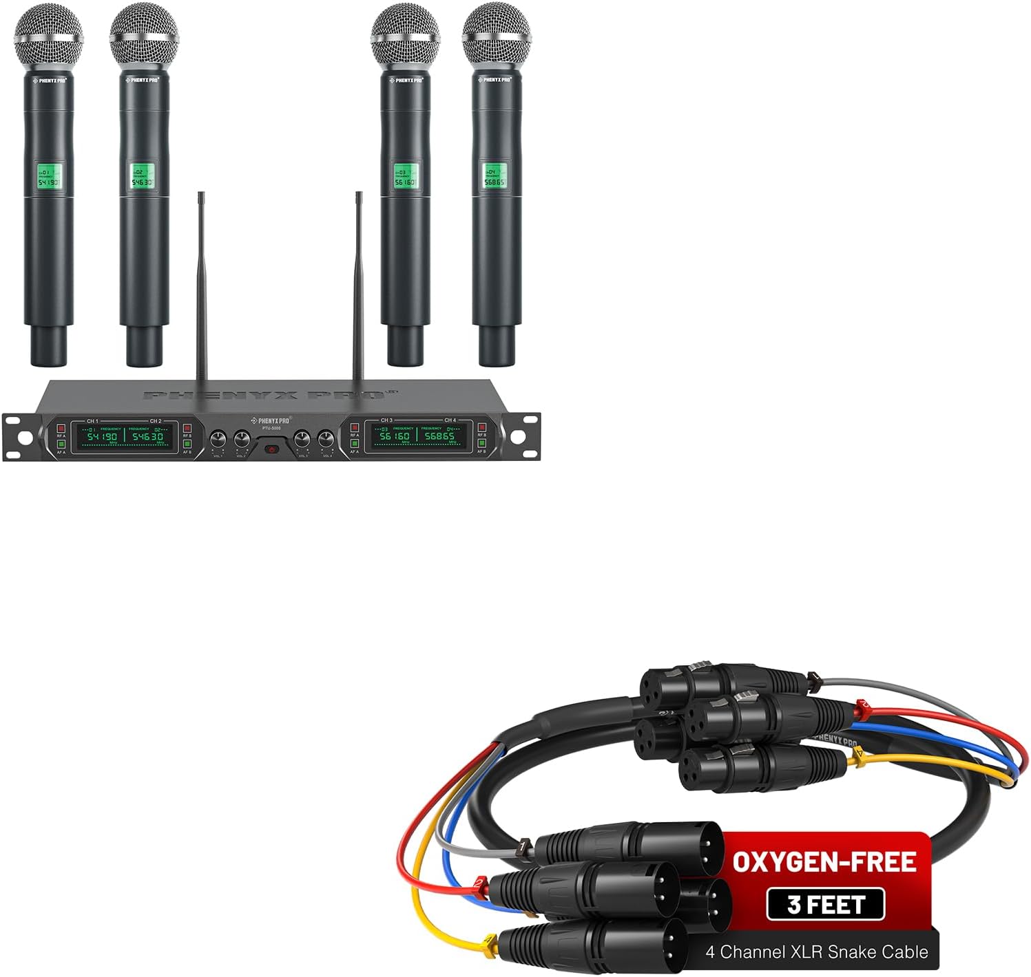 Phenyx Pro Wireless Microphone System, 4-Channel UHF Wireless Mic (PTU-5000-4H) Bundle with 3Ft XLR Snake Cable