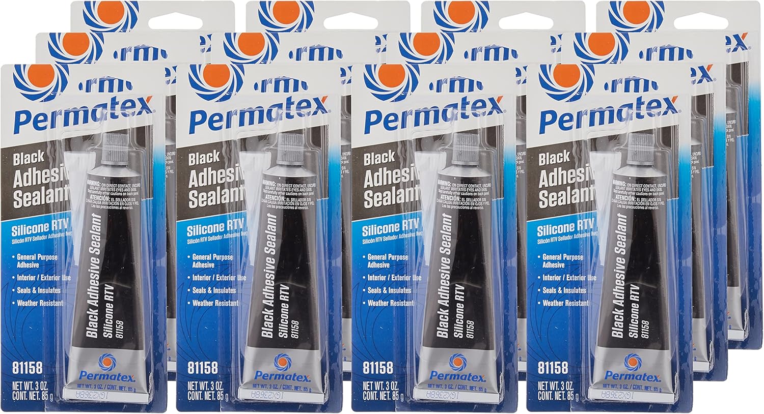 Permatex 81158-12PK Black Silicone Adhesive Sealant, 3 oz. Tube (Pack of 12)