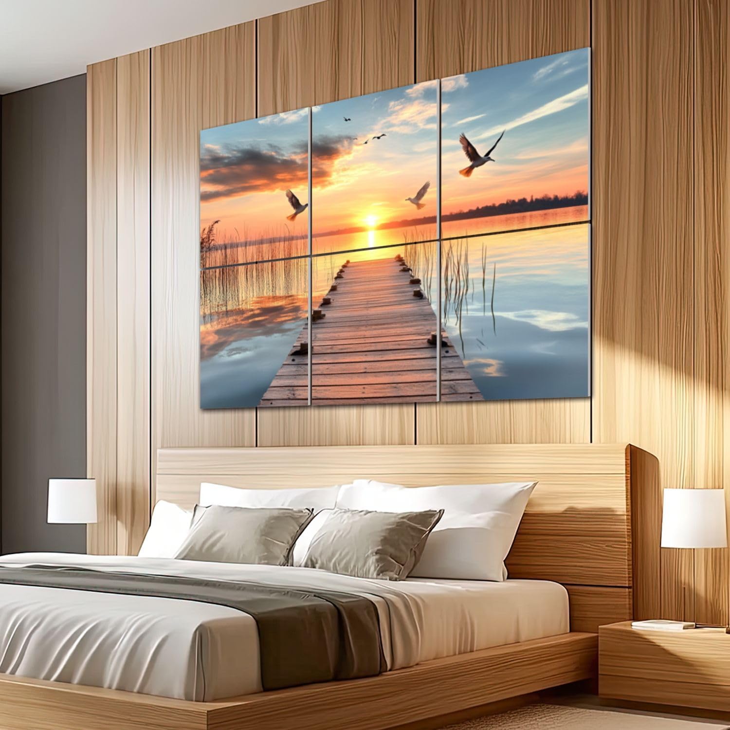 6 Pack Art Acoustic Panels Sound Absorbing Jetty Sunset Lake Nature Landscape Wooden Calm Water Sunset Sky Birds Decorative Soundproof Wall Panels Self Adhesive for Recording Studios Office 72