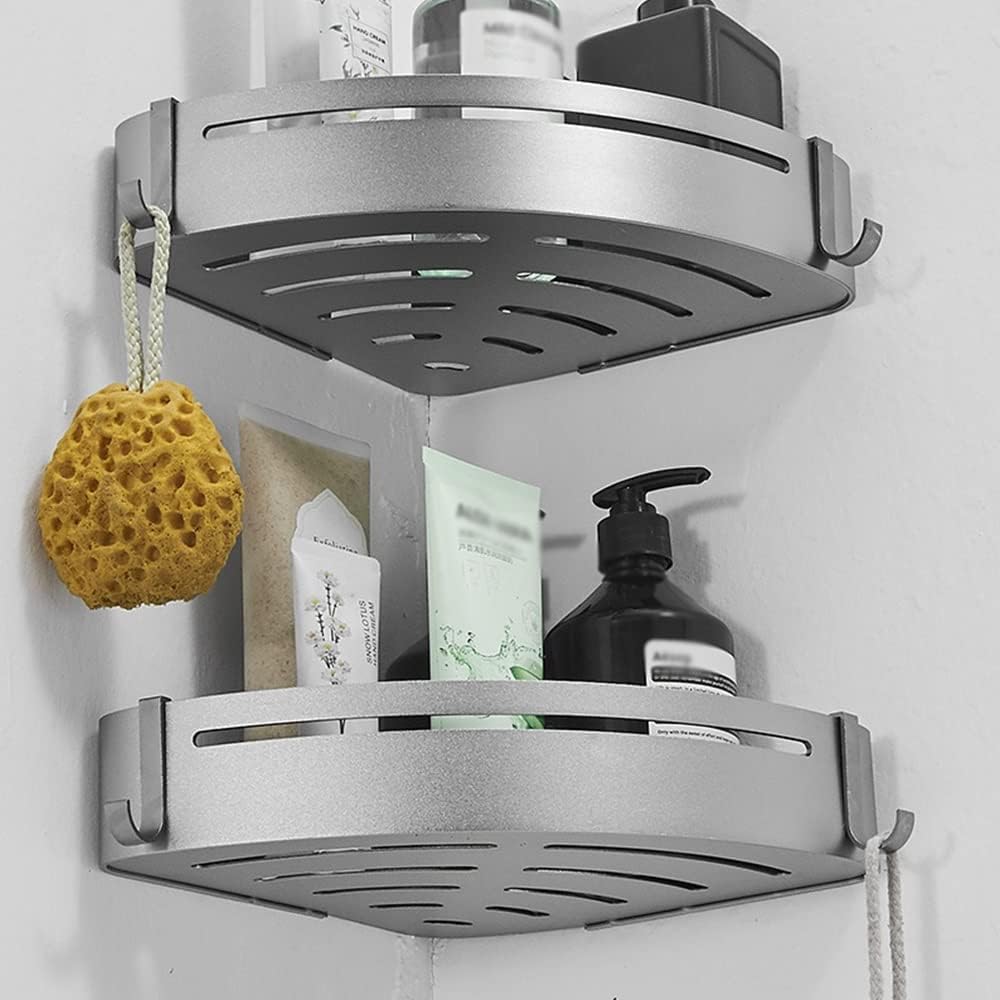 Corner Shower Caddy Gray Bathroom Shelf Corner Storage Rack, Screw Free Installation Wall Mount Basket Toilet Shower Double Layer Shampoo Holder Shower Organizer (Color : Double(drilled))