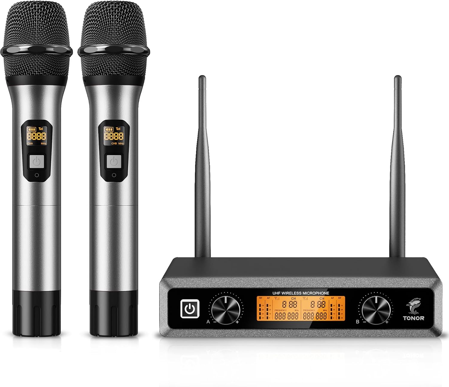 TONOR Wireless Microphones, 2 x 15 UHF Channels Professional Karaoke Microphone, Metal Handheld Cordless Dynamic Mic System for Home Party, Church, DJ, Wedding, Singing, Speech, 200ft TW820 Silver