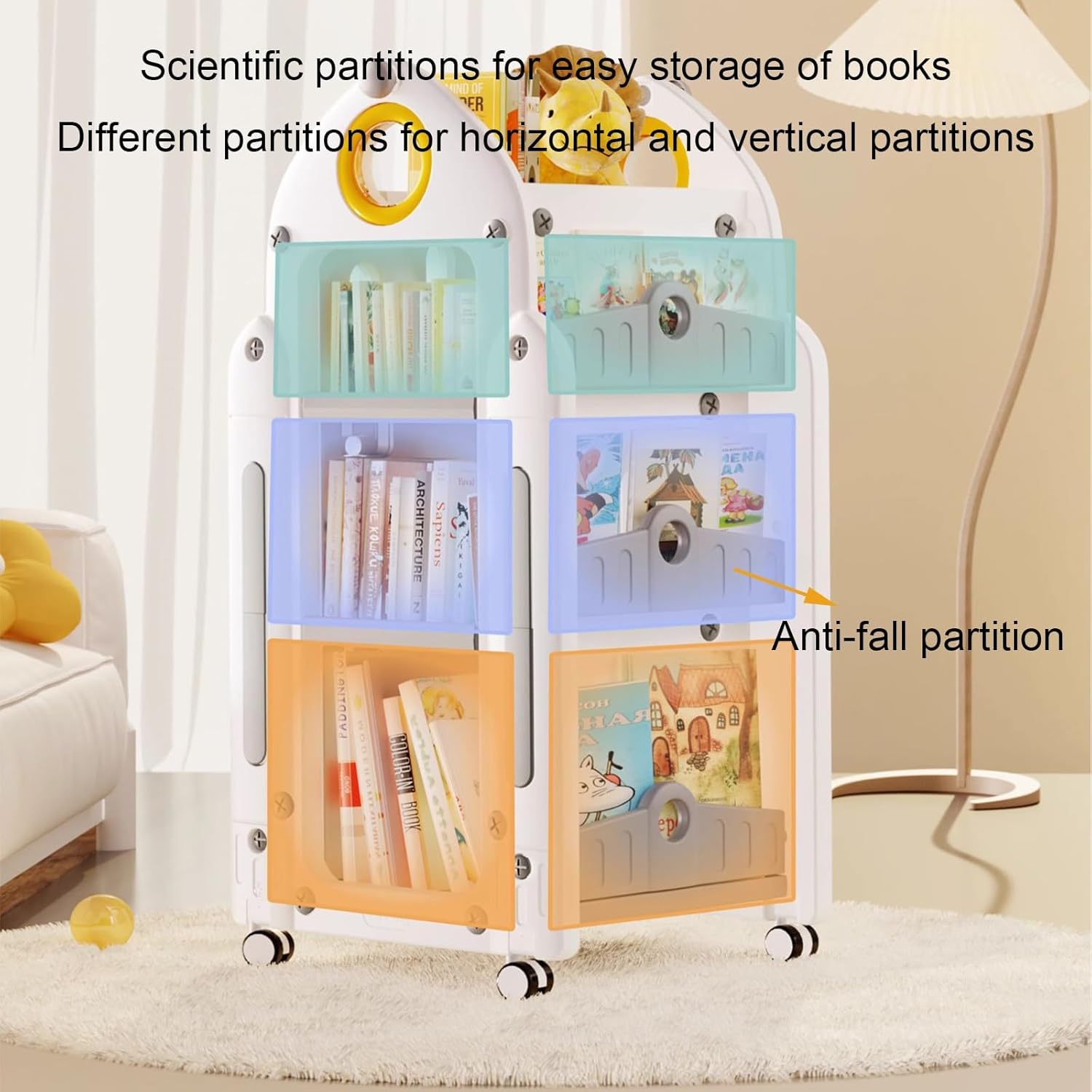 Mobile Kids Bookshelf, Storage Organizer, Rolling Bookcase with Wheels, 360° Display Floor Standing Book Shelf, for Living Room, Office, Bedroom Decor(Gray)