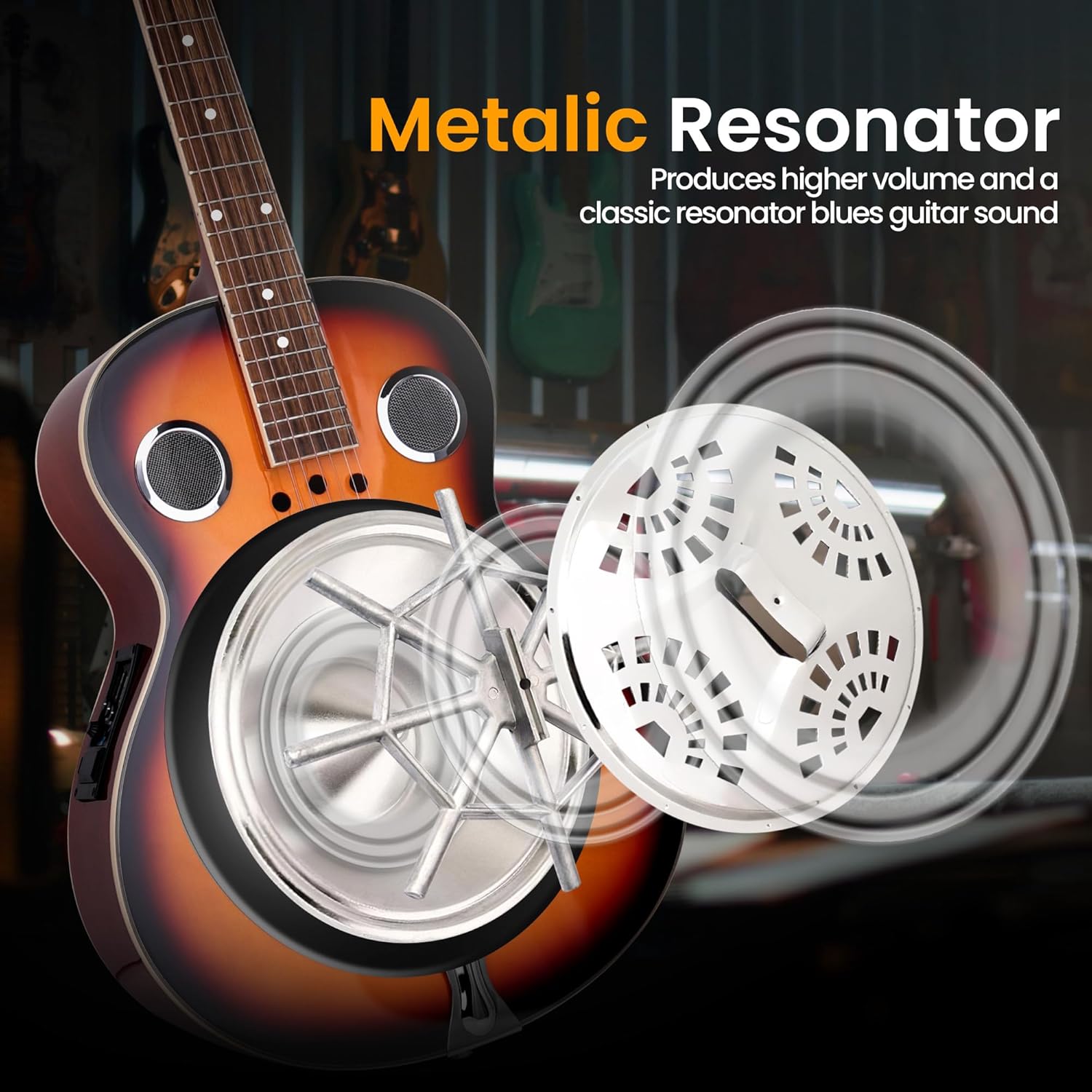 Pyle Electro Resophonic Acoustic Electric Guitar Set, Full Size Round Neck Traditional Resonator, Built-in Pre Amplifier, White