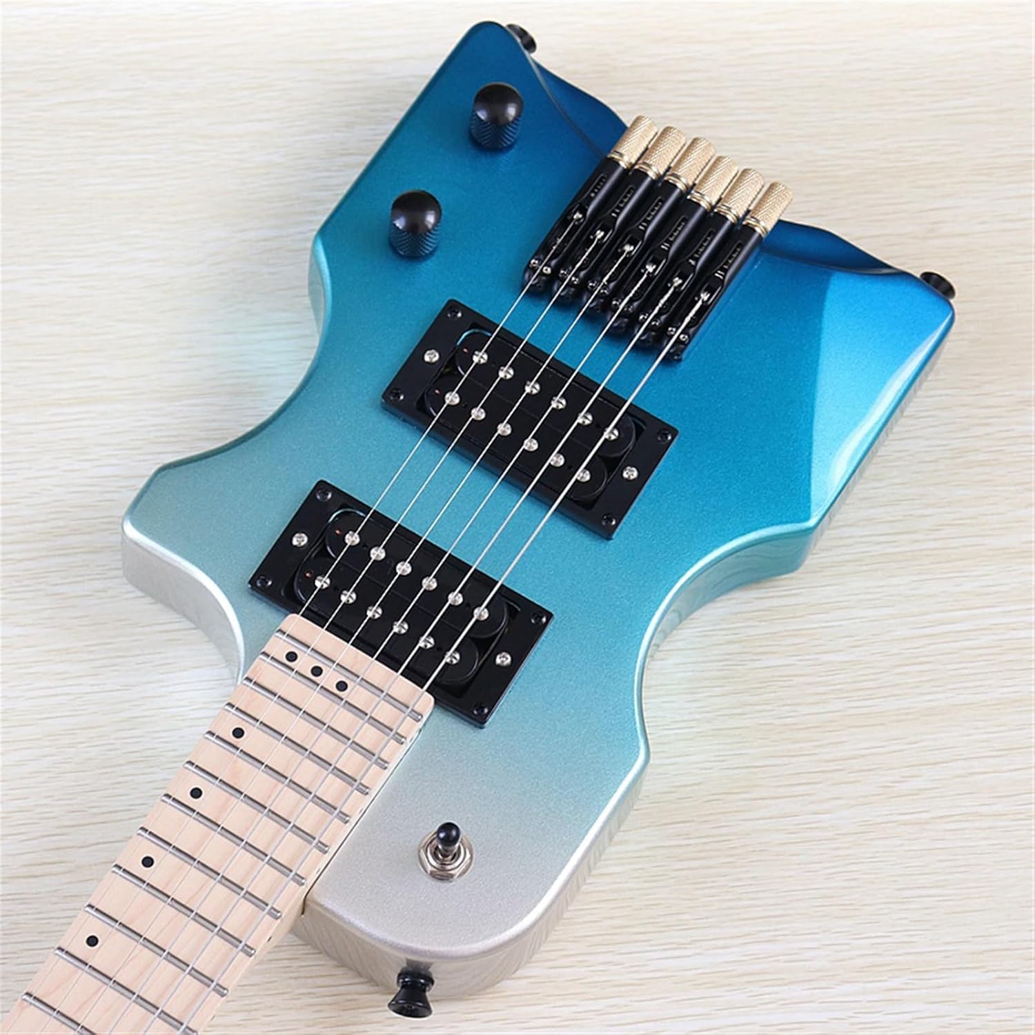 VENEKA Headless Electric Guitar Mini Portable Guitar 6 String Travel Headless Electric Guitar 30 Inch High Gloss Finish Solid Basswood Body (Color : 02)
