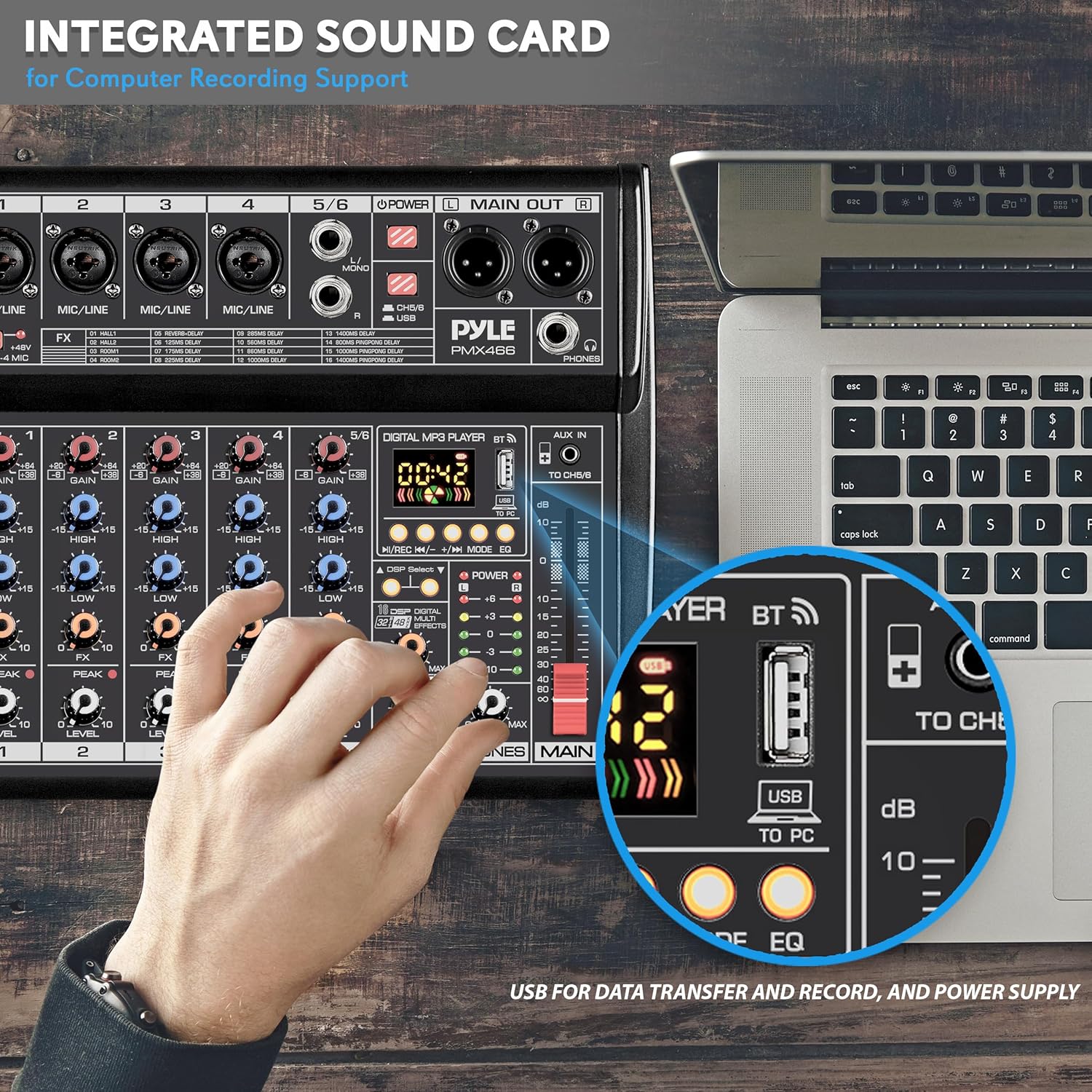 Pyle Professional Bluetooth DJ Audio Mixer - 6-Channel DJ Controller Sound Mixer w/DSP 16 Preset Effects, USB Interface, 4 XLR Mic/Line Input, AUX, FX Processor MP3 Player, Headphone Jack - PMX466