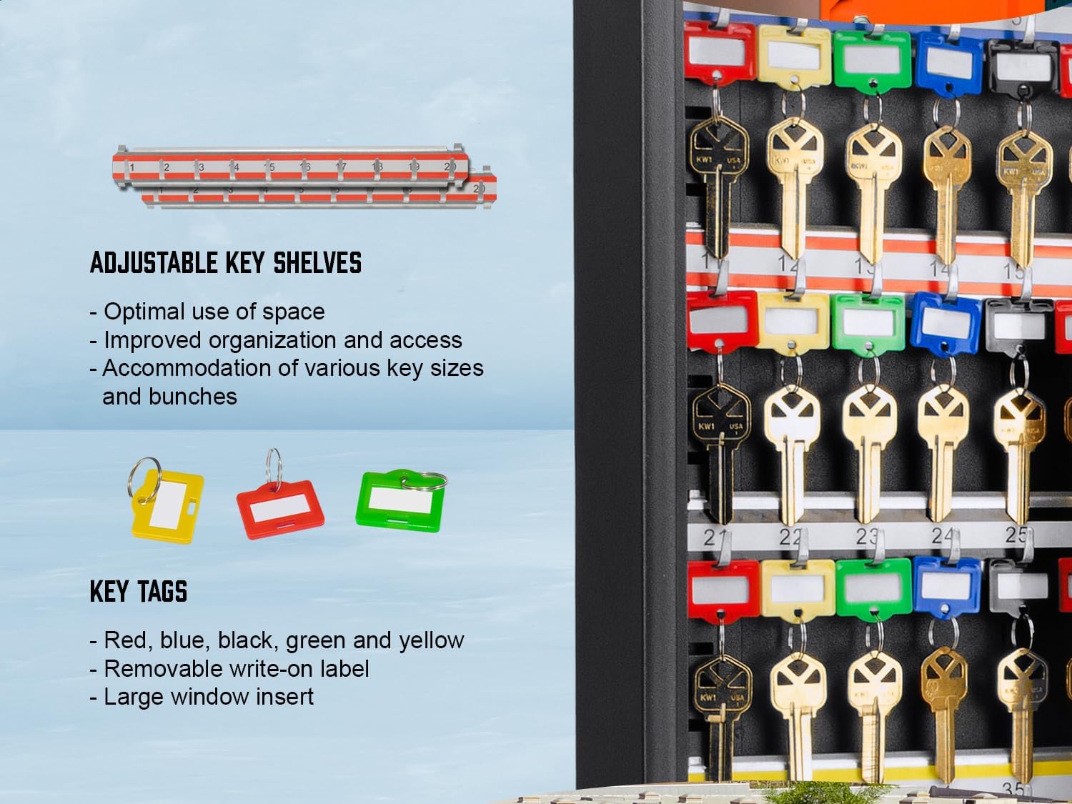 Barska 100-Position Key Lock Box – Solid Steel Key Cabinet with Adjustable Numbered Hooks, Key Log Sheet, Color Tags & Index Chart – Wall-Mount Organizer, Black Finish
