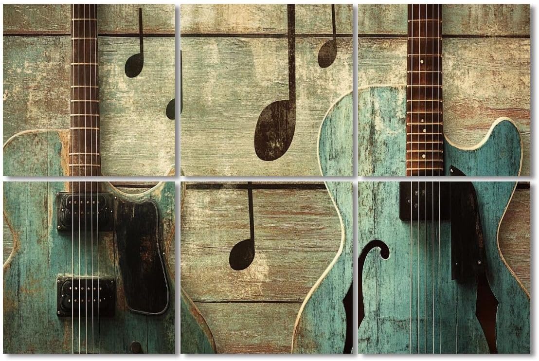 6 Pack Art Acoustic Panels Sound Absorbing Modern Blue Guitar Musical Themed Electric Guitars Notes Wooden Decorative Soundproof Wall Panels Self Adhesive for Recording Studios Office 72