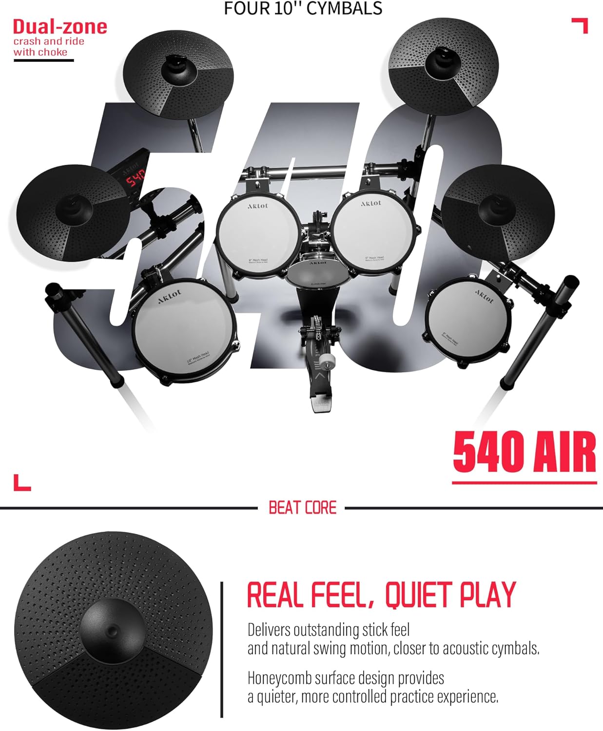 AKLOT Electric Drum Set with Kick-Tower: 4 Dual Zone Mesh Pads, 8’’ Tower-Style Kick Drum, 10’’ Snare, Dual Zone 10’’ Cymbals with Choke, 360 Sounds, User Kit, USB-MIDI, Throne, B-CORE 540 Air, Silver