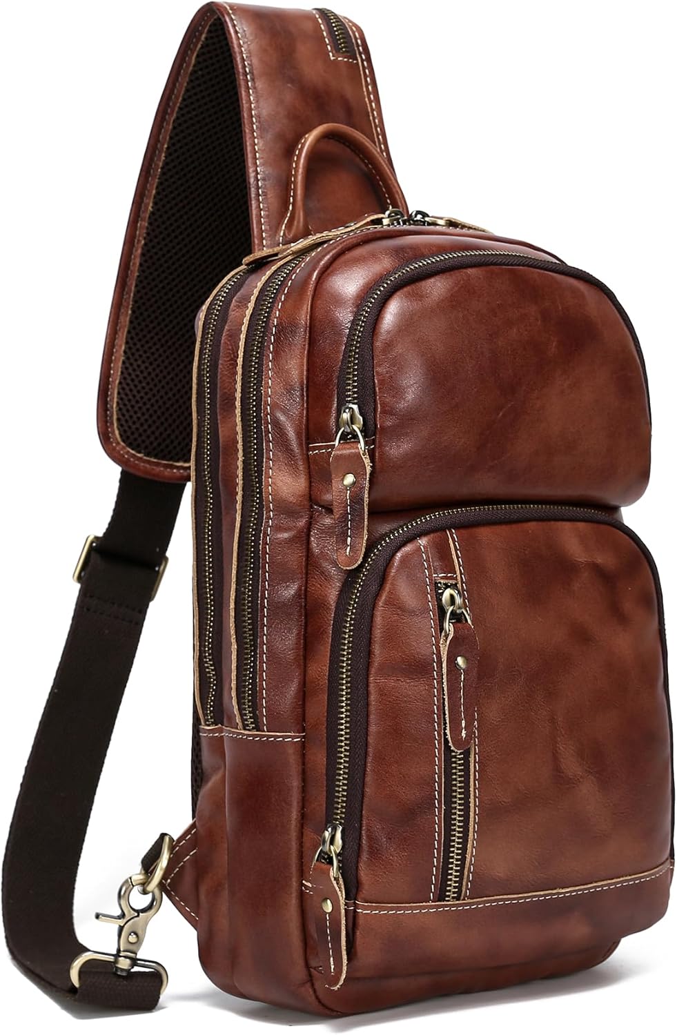 LANNSYNE Full Grain Leather Sling Bag For Men Crossbody Chest Daypack fits 10.5