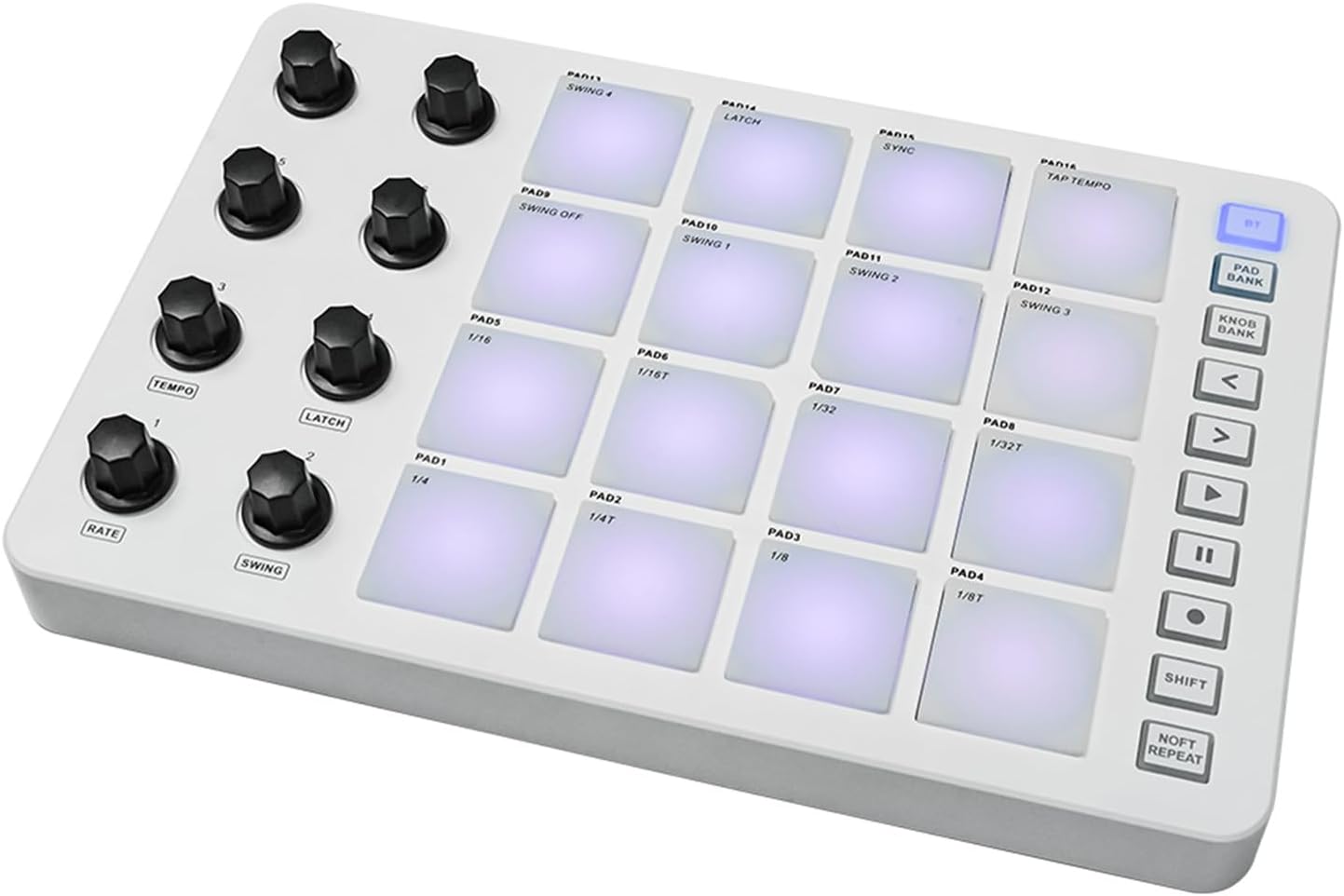 controller,HUIOP midi controller,MIDI Controller Strike Pad RGB Backlight MIDI Keyboard BT Connection Low Latency 3.5mm Output Interface ith 16 Strike Pads 8 Assignable Knobs Note Repeat Portable MIDI