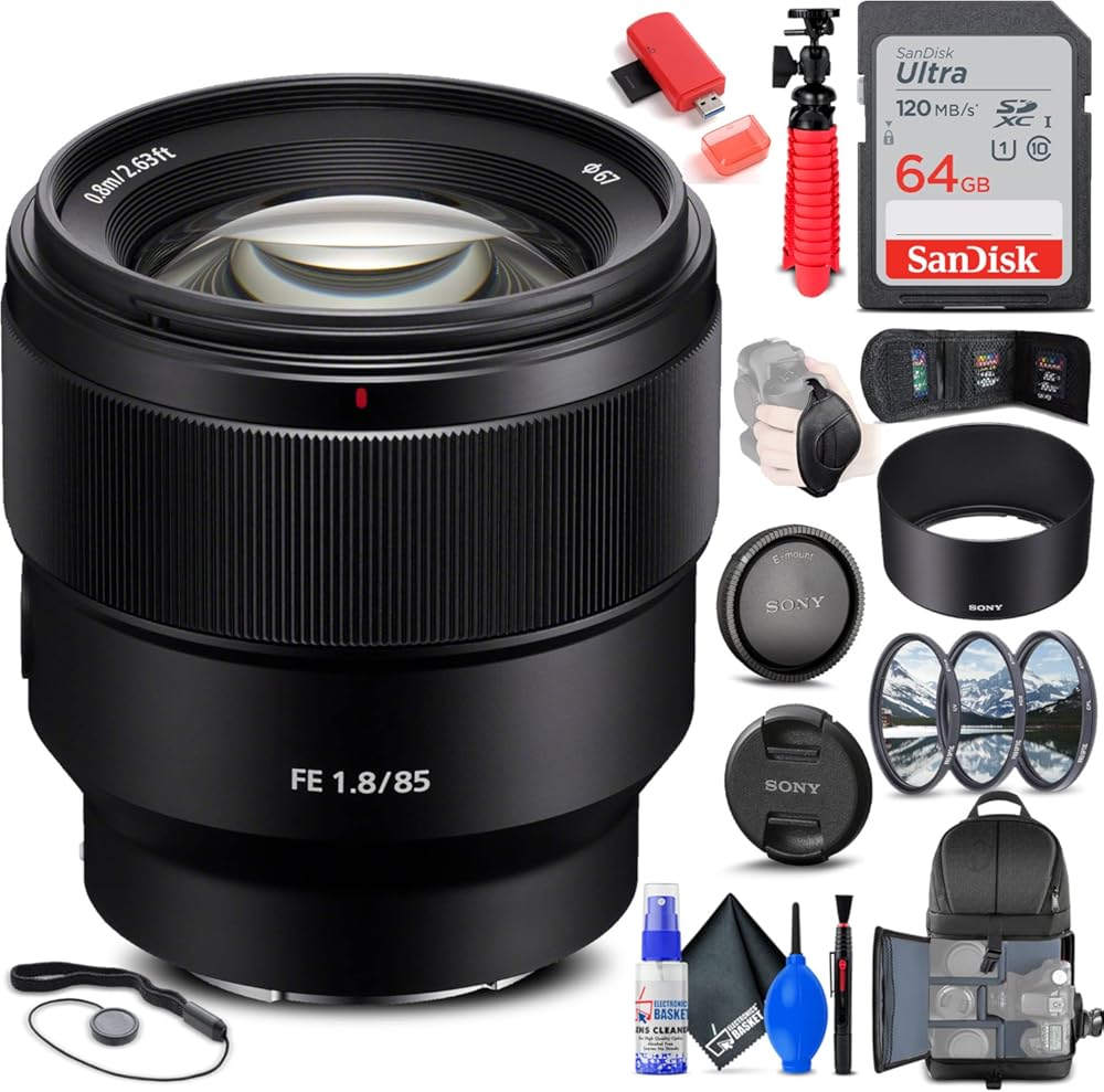 Sony FE 85mm f/1.8 Lens (SEL85F18/2) + Filter Kit + Backpack + 64GB Card + Card Reader + Flex Tripod + Memory Wallet + Lens Cap Keeper + Cleaning Kit + Hand Strap + More (Renewed)