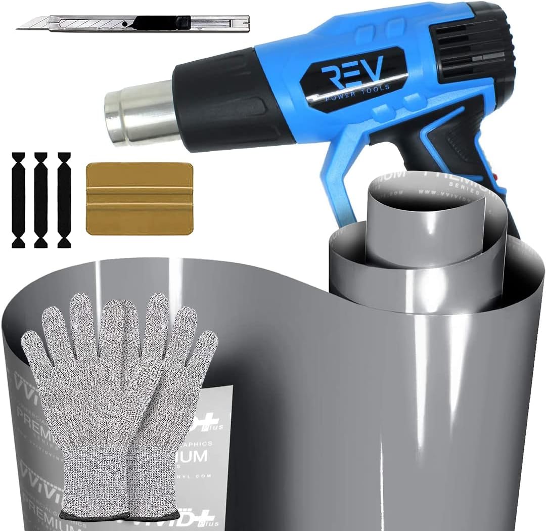 VViViD Ultra Gloss Nardo Grey Full Car Wrap (50ft x 5ft) Bundle w/Heat Gun, Knife, Gloves, 3M Gold Squeegee and 3 Felt Tips - M0