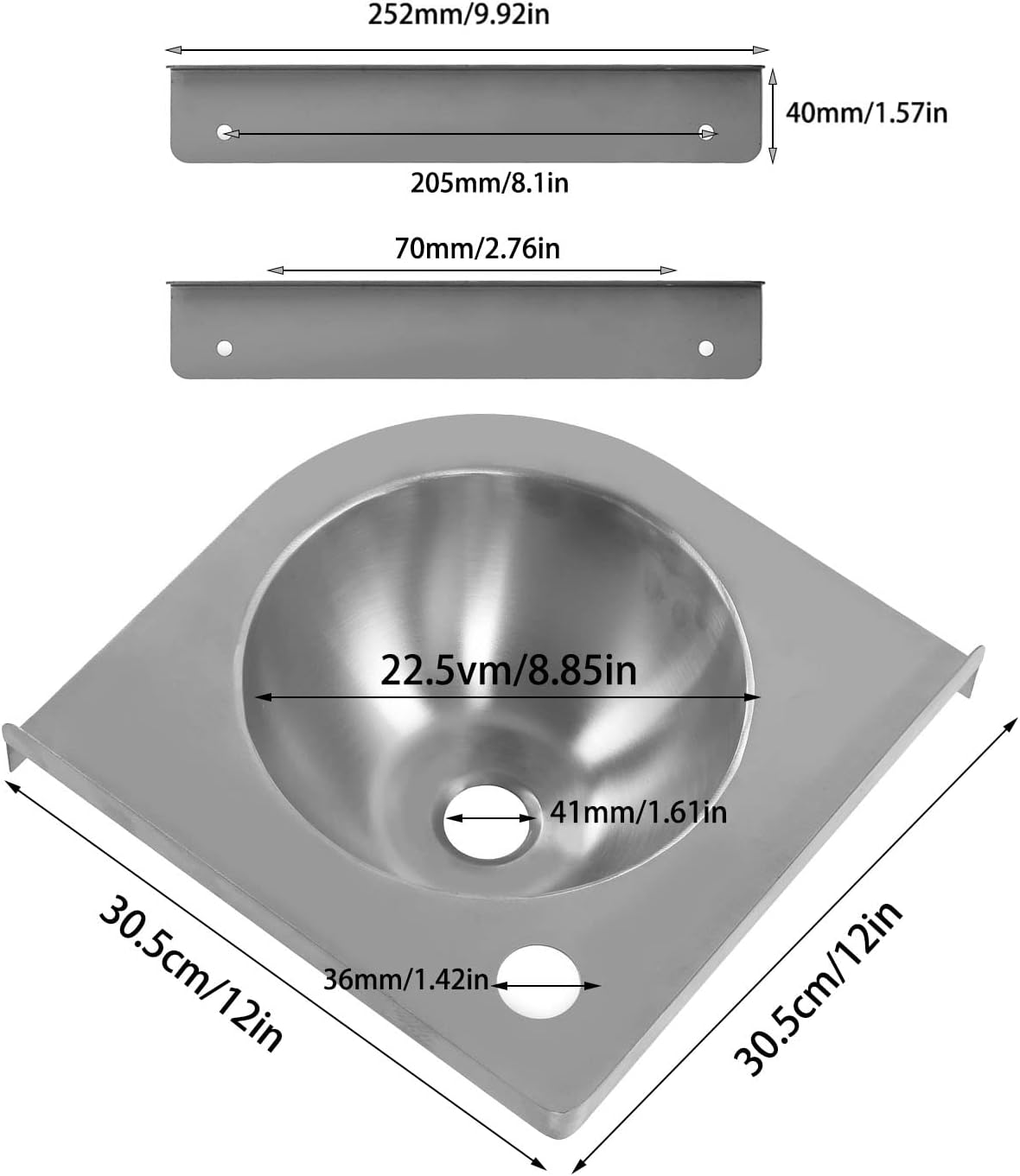 Diydeg Corner Bathroom Sink, Stainless Steel Wall Mount Corner Sink, Single Bowl Small Triangle Basin Sink with 36mm Faucet Mounting Hole for Boat, RV, Kitchen, Bathroom,
