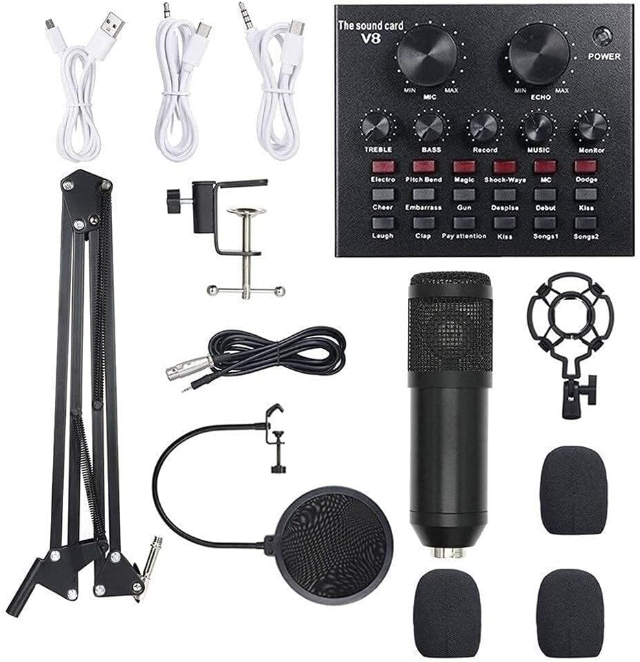 Multi-Functional USB Condenser Microphone Kit with Live Sound Card, Shock Mount, Accessories for Recording, Karaoke, and Broadcast