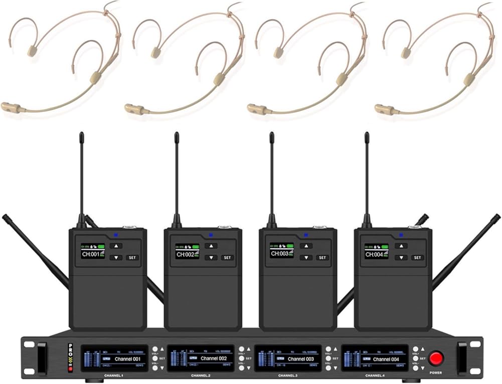 Generic True Diversity 4 Channel Stage Microphone Headset Wireless for Professional Theatre Singing Stage Performance 4 Beltpack 4 Cardioid Condenser Headworn Mics, Long Range 490ft, Auto Scan, Black