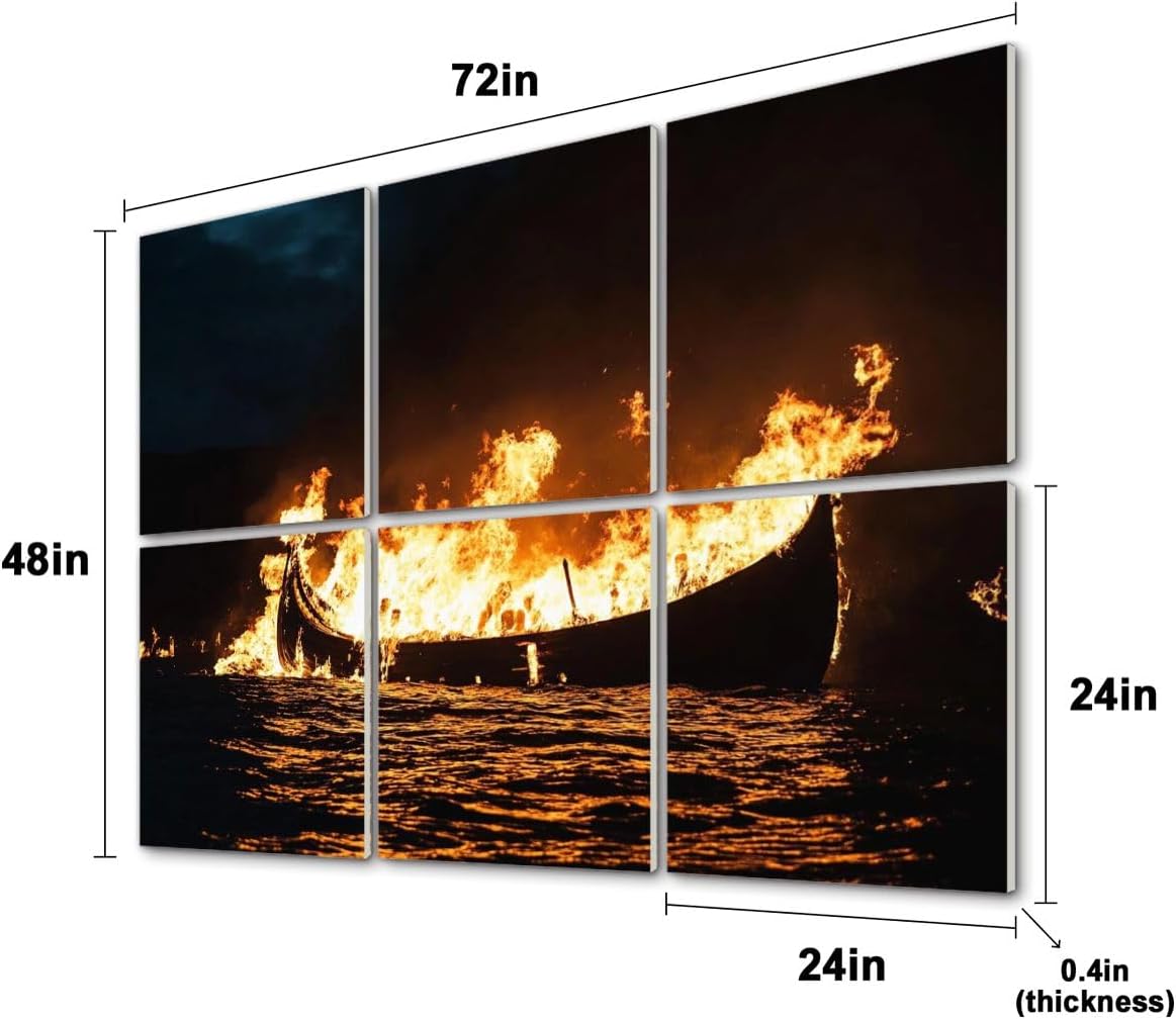 6 Pack Art Acoustic Panels Viking longship burning Soundproof Wall Panels, 48