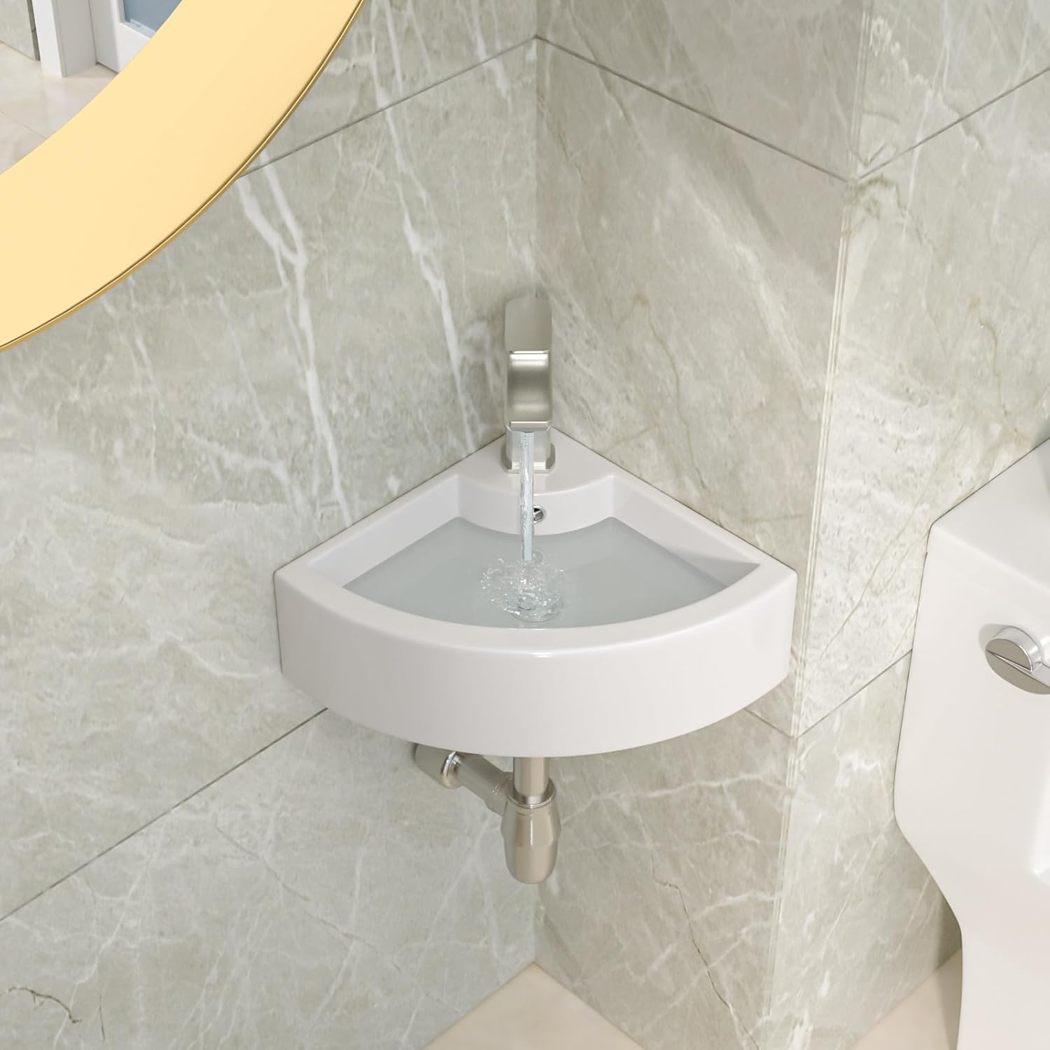 Lordear Wall Mount Corner Bathroom Sink 18 Inch White Ceramic Washing Basin Sector Wall Mount Sink for Small Bathrooms.