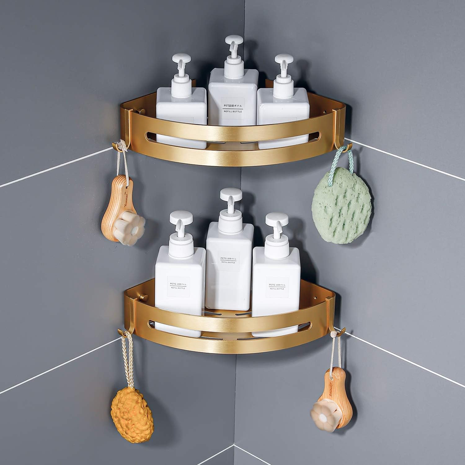 Brushed Gold Bathroom Corner Shelves Wall Mount Shower Caddy with Hooks and Shampoo Holder 2 Pack Drilling or Adhesive Installation