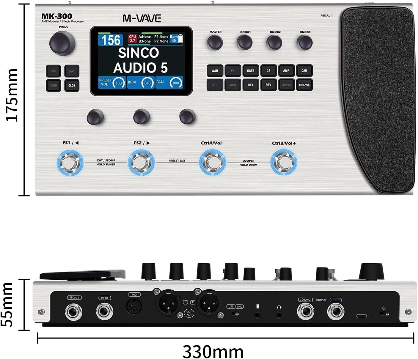 MK-300 Guitar Multi-Effects Pedal with 3.5'' LCD Screen, 320+ Effects,100 Cabs, 301.7s Looper, 128 Drum Machine,120 Amp Modeling, ANN Modelling Technology, USB,XLR and MIDI Support.