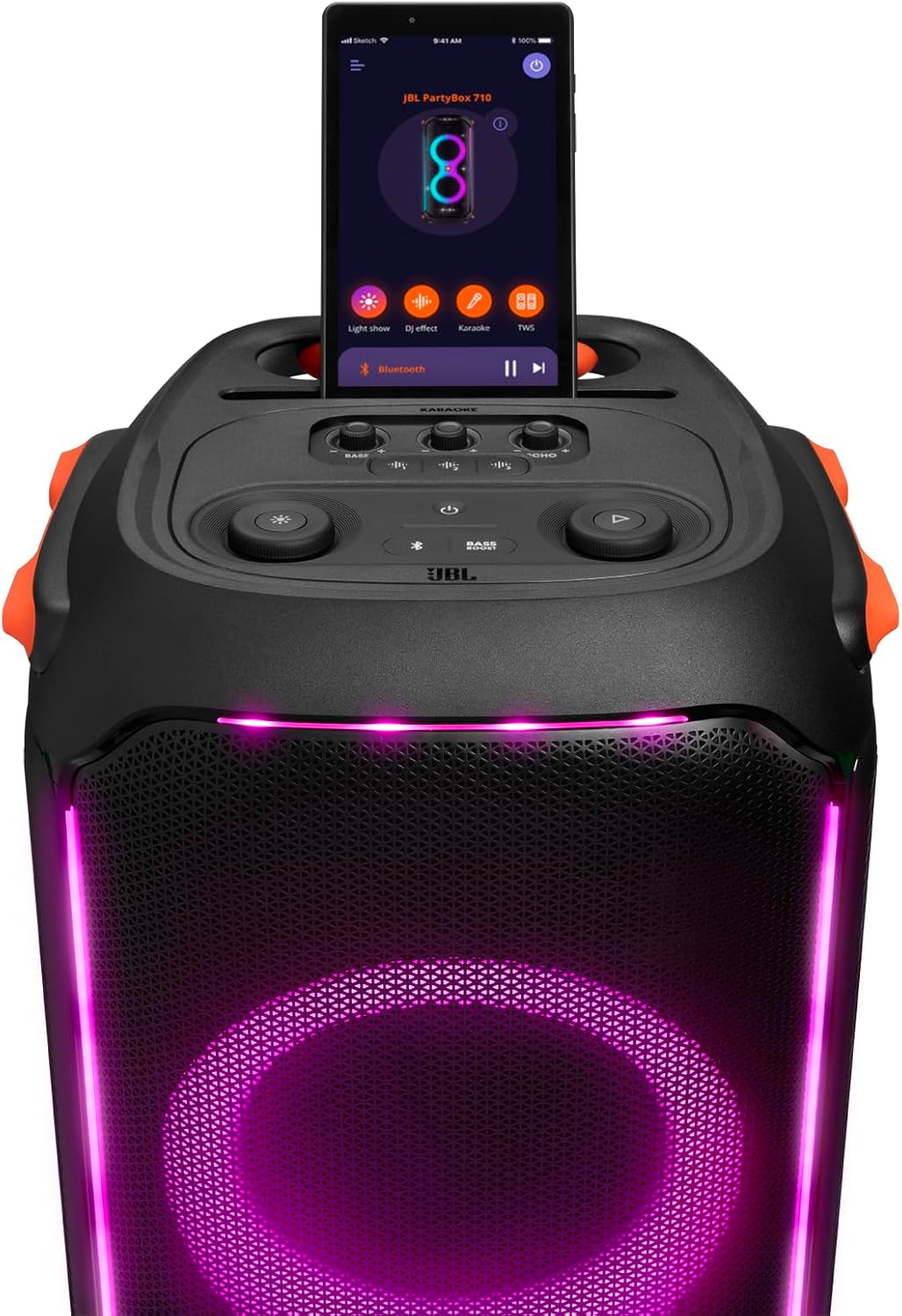 JBL PartyBox 710 -Party Speaker with Powerful Sound, Built-in Lights and Extra Deep Bass, IPX4 Splash Proof, App/Bluetooth Connectivity, Made for Everywhere a Handle Wheels (Black)