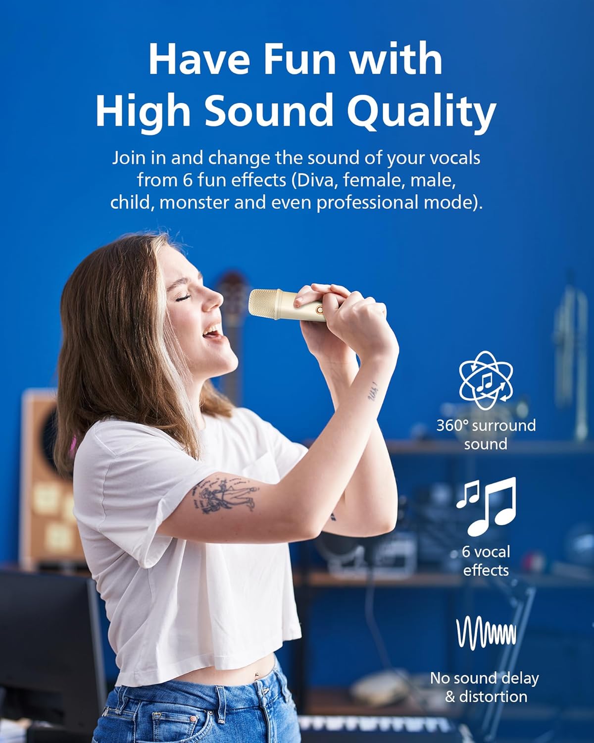 PHILIPS S2508 Portable Karaoke Machine,Party Bluetooth Speaker with 2 Karaoke Microphones,7 H Battery,Multi-Colored Light Modes with Display Screen,6 Vocal Effects,USB,AUX or TF Card Input,Mini,White