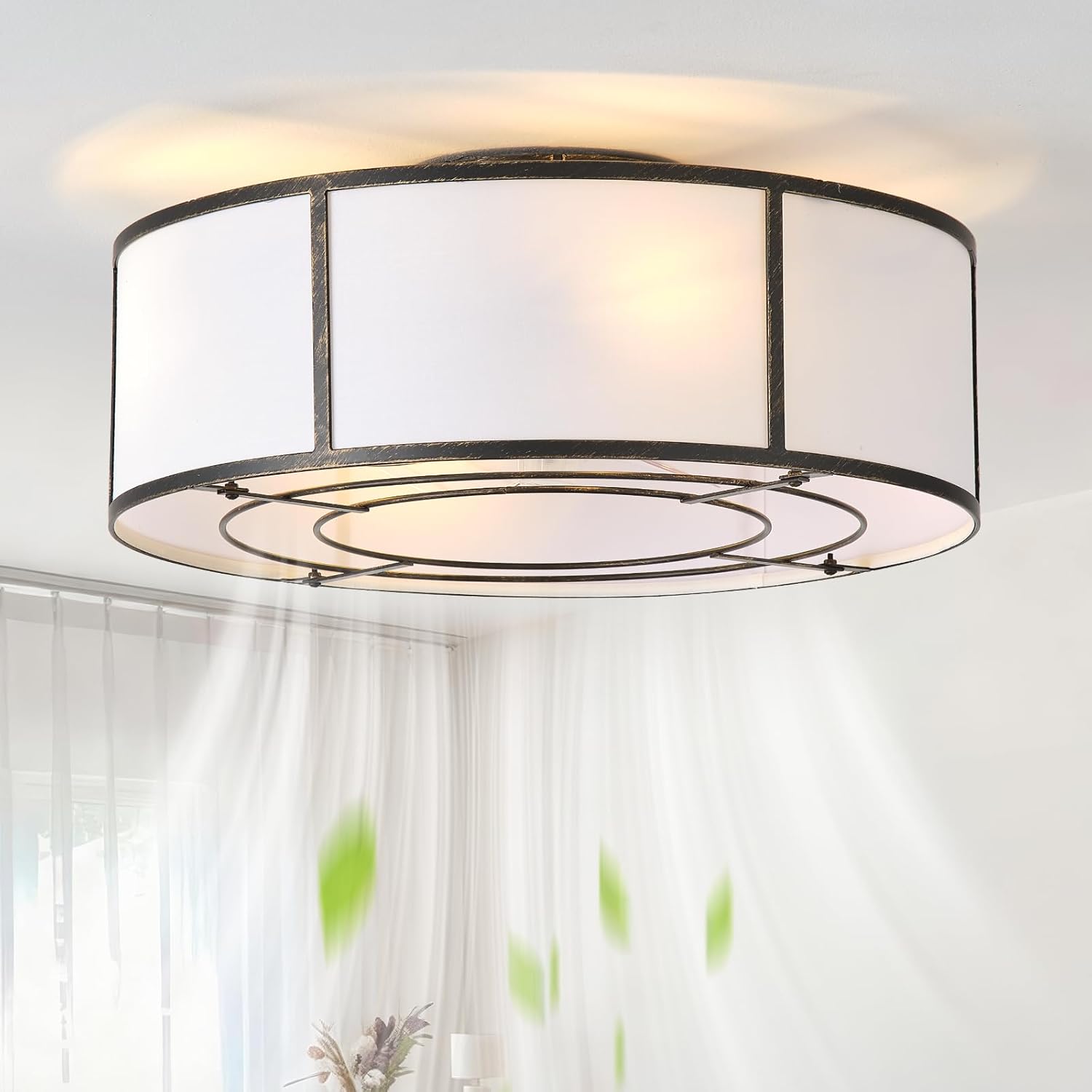 Caged Ceiling Fans with Lights Flush Mount, Farmhouse Low Profile Ceiling Fan with Lights Remote Control, 20'' Modern Bladeless 6 Speeds for Bedroom, Nursery, Kitchen, Black