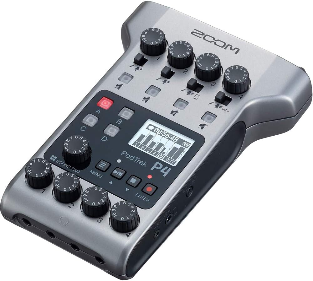 Zoom PodTrak P4 Portable Multitrack Podcast Recorder Bundle with Zoom ZDM-1 Podcast Pack
