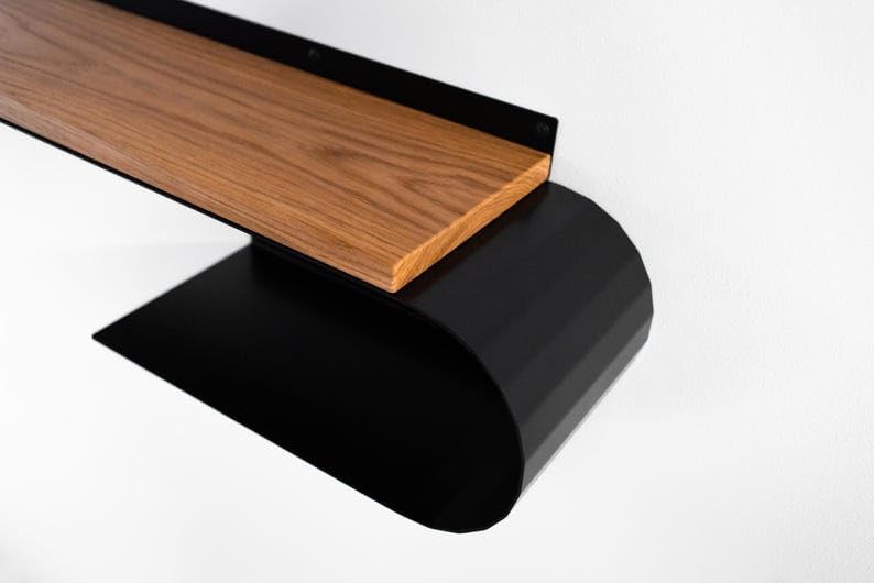 Wall Mount Handmade Wall Shelf from Oak and Metal, Wooden Shelf with Metal Rail for Home Storage and Organization, Wandregal Eiche Metall