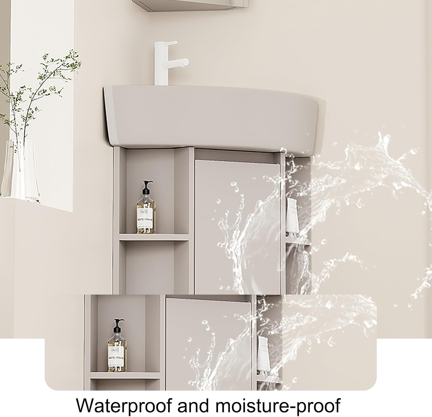 Wall Mount Corner Sink, Triangle Ceramic Wall Mount Sink with Storage Space, Corner Vanity with Mirror, Faucet, Accessories, for Small Space(48 * 48cm/19 * 19in)