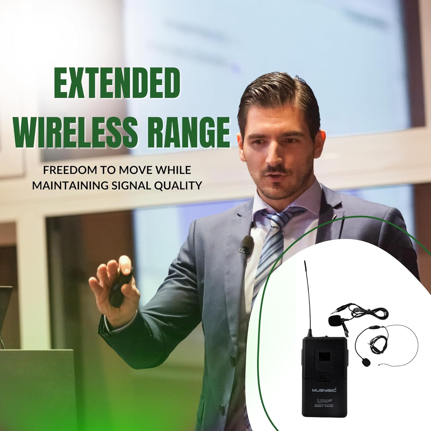 MUSYSIC U4LL 4-Channel Professional UHF Lapel/Lavalier & Headset Wireless Microphone System for Conference, Church, Party with Independent Volume Controls