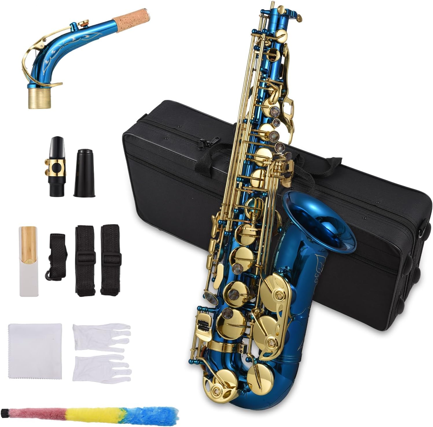 Alto Saxophone Eb E-Flat for Students Beginner - Full Starter Kit with Carrying Case, Mouthpiece, Neck Strap, Case Strap, Cleaning Cloth & Rod, Brush, Gloves