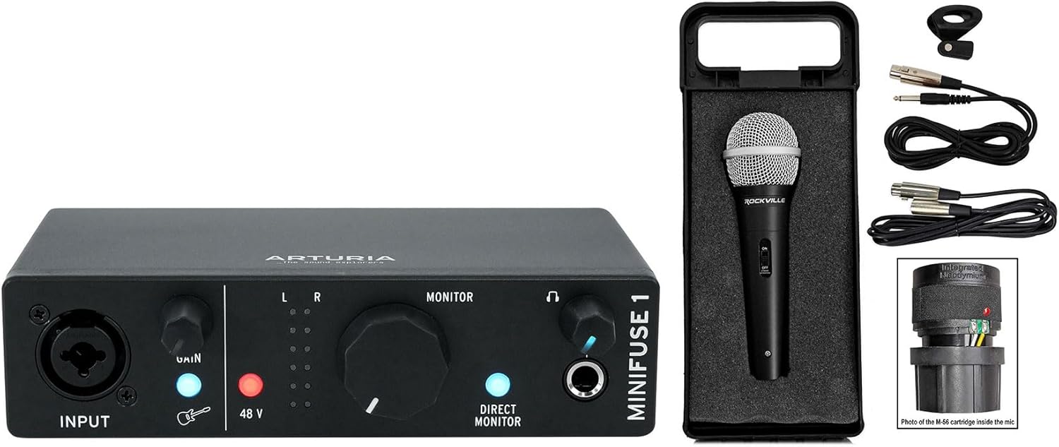 Audiosavings Bundle: Arturia Minifuse 1 Black Portable Solo Audio USB Recording Interface+Software Bundle with Rockville RMC-XLR High-End Metal DJ Handheld Wired Microphone Mic w (2) Cables (2 Items)