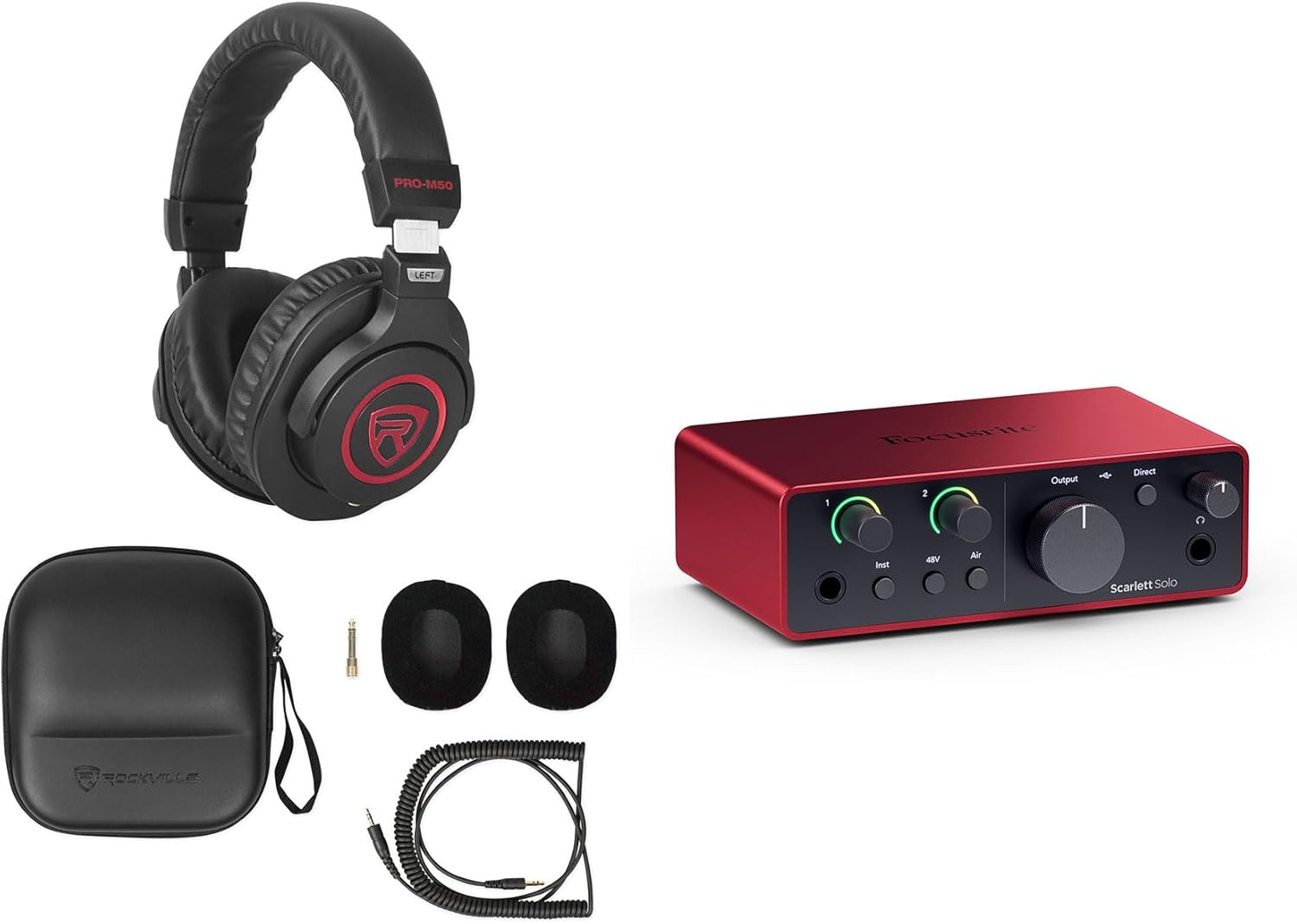 Audiosavings Bundle: Rockville PRO-M50 SR Studio Headphones+Detachable Coil Cable+Case+Extra Ear Pad Bundle with Focusrite Scarlett Solo 4th Gen Studio Recording USB Audio Interface+Software (2 Items)