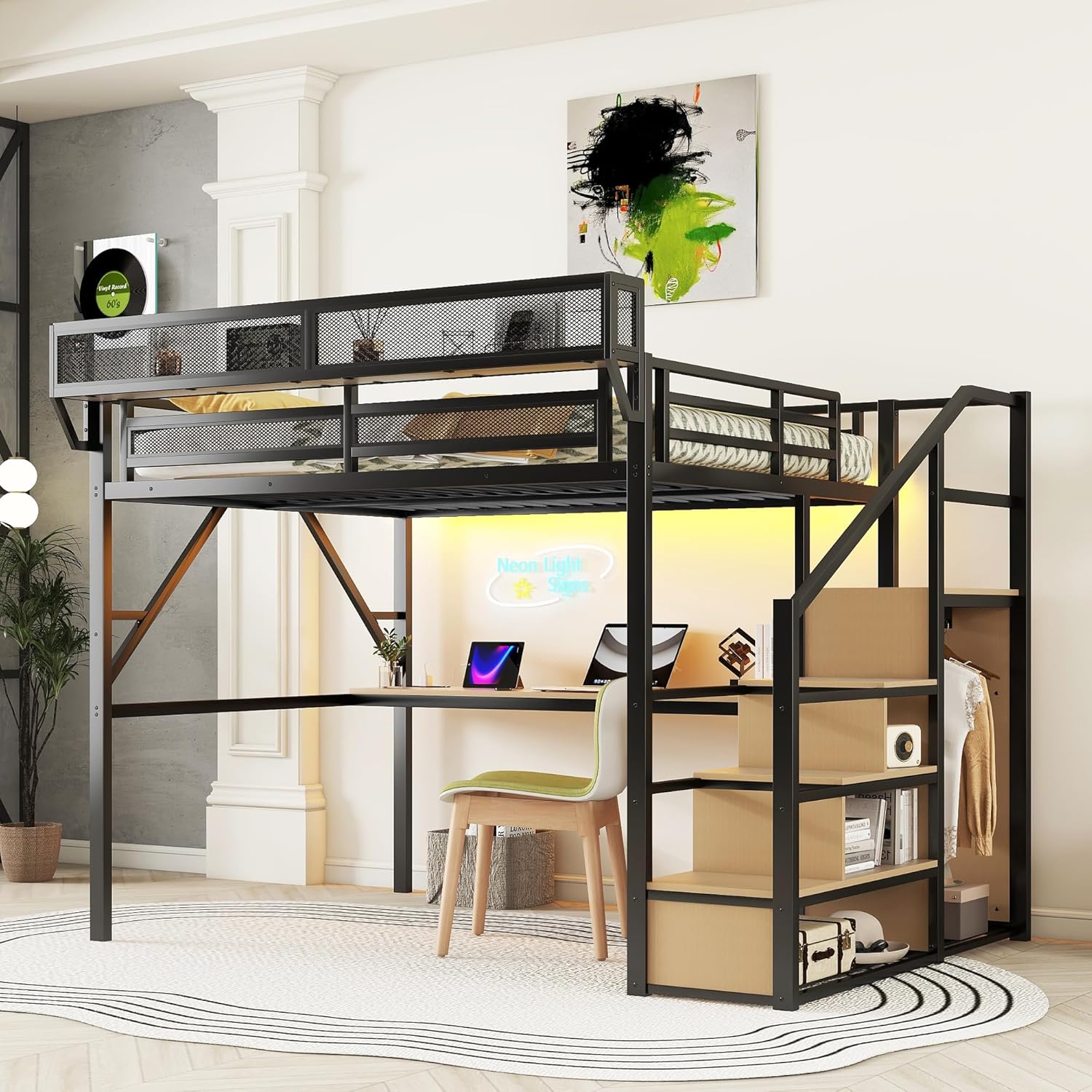 Queen Size Loft Bed with Desk, Loft Bed Queen with Stairs and Charging Station, Modern Metal Beds Frame with Light and Safety Guardrails for Kids/Teens, Patent Products, Black