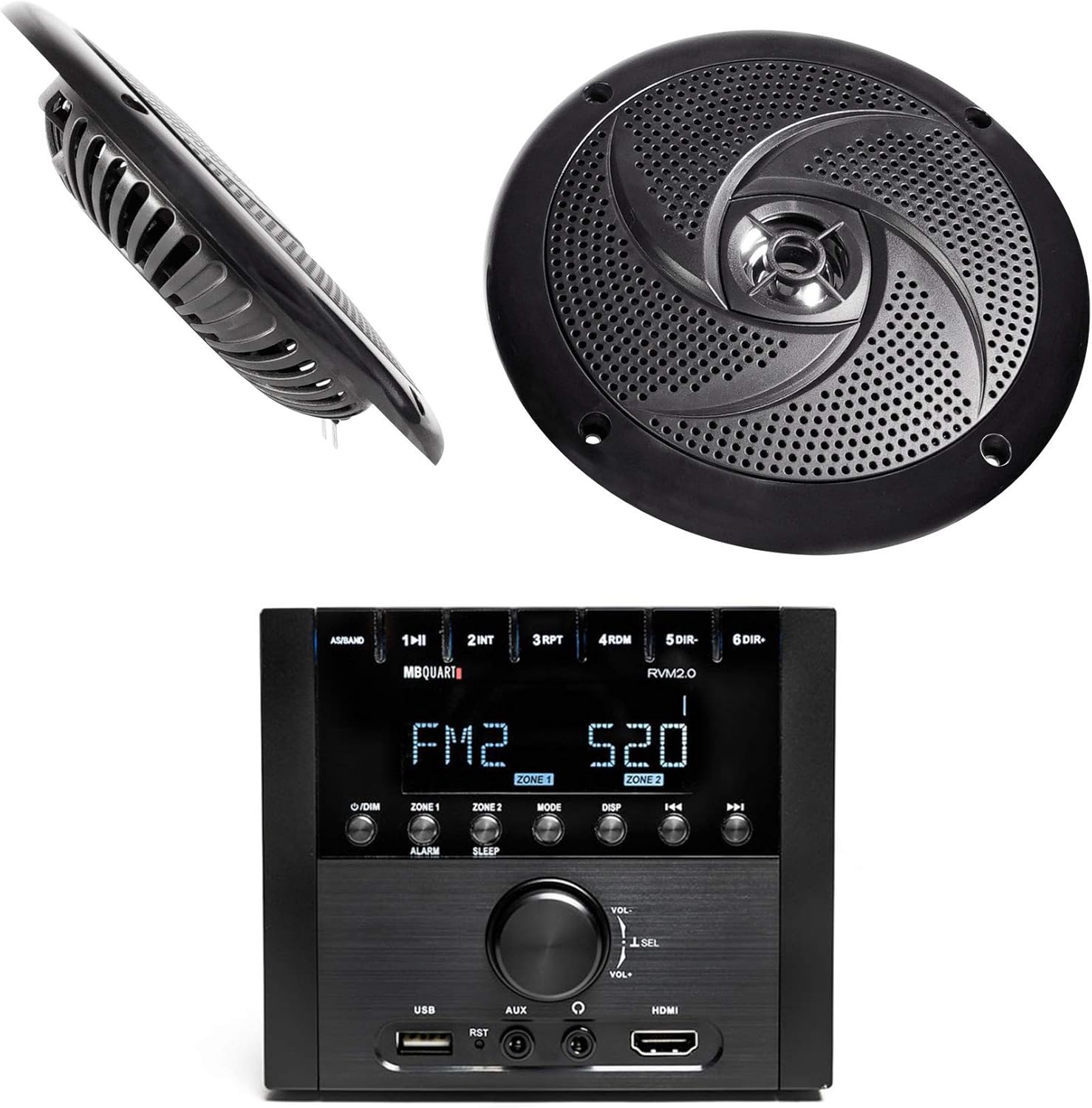 MB Quart RVM2.0 2-Zone RV Receiver Bluetooth Radio Stereo Bundle with Pair Rockville RSM65B 6.5