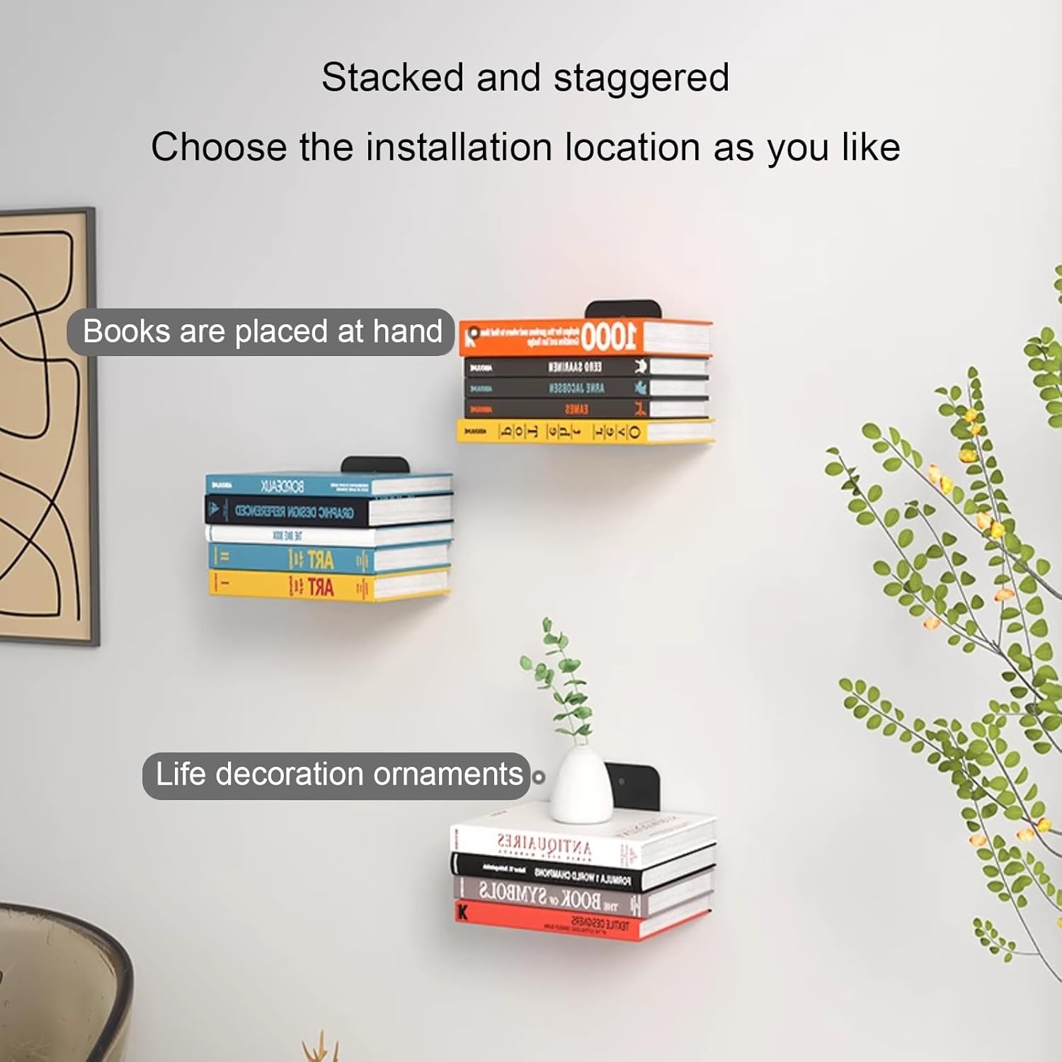 Floating Book Shelves for Wall, Invisible Floating Bookshelf, Wall Mounted & Space Saving, Heavy Duty Metal Display Storage Organizer for Home Office(Black 3)