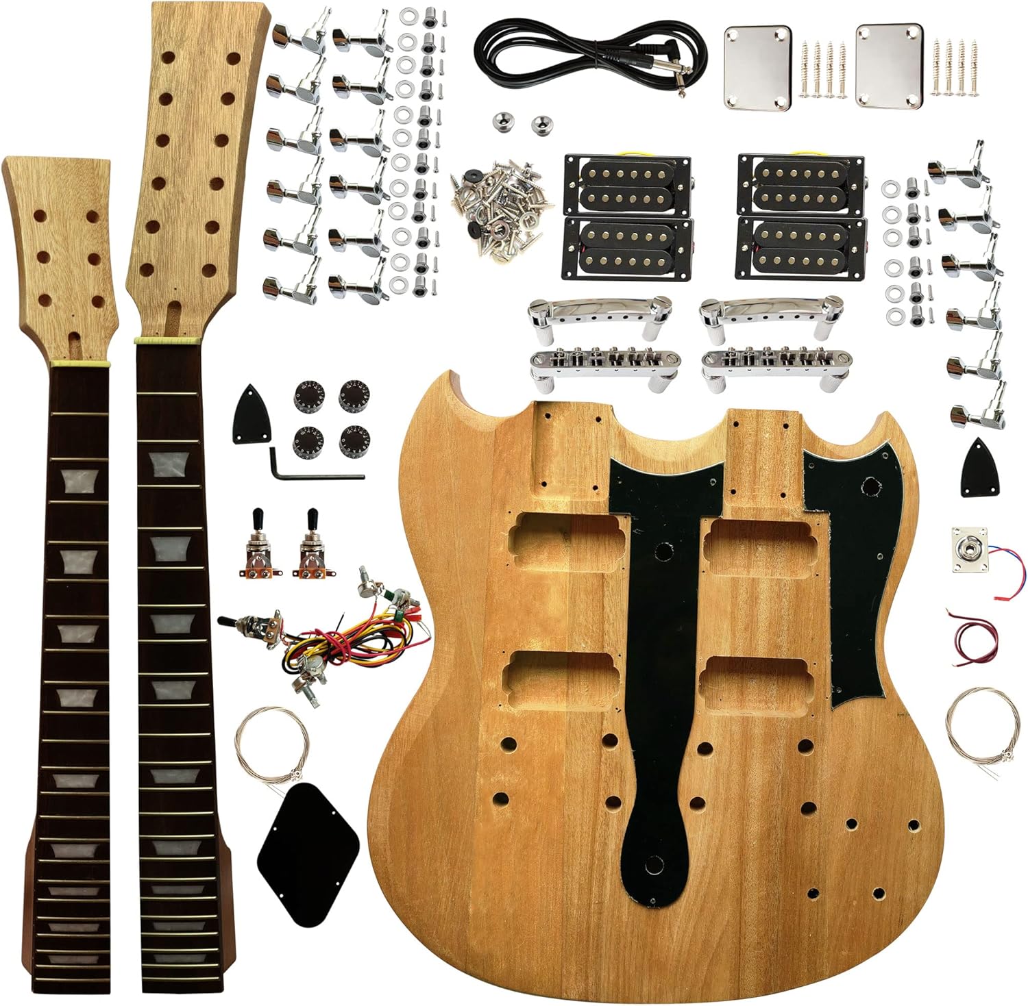 DIY Unfinished Electric Guitar Kit Double Guitar Neck and Body with Mahogany Body Mahogany Neck DYED Poplar Laminated Fingerboard Chrome Hardware with All Accessories Build Your Own Guitar