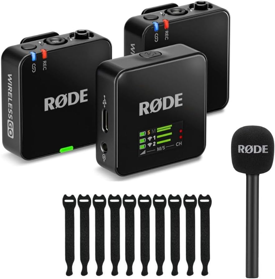 RODE Wireless GO Gen 3 2-Person Compact Digital Wireless Microphone System/Recorder Black Bundle with Rode Interview GO Handheld Mic Adapter for the Wireless GO, Rip Tie 10-Pack Touch Fastener Straps