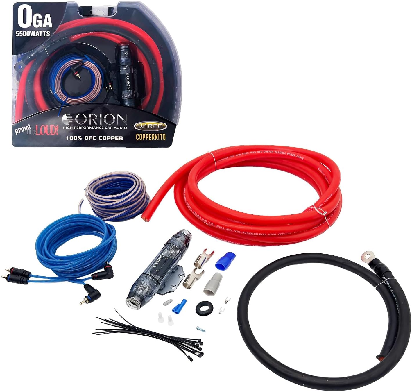 Orion COPPERKIT0 Complete Amp Wiring Kit | 0-Gauge Wire, 5500W, High Current Subwoofer Wiring Kit, DIY Installation Cables, OFC Copper, Includes Fuse Holder, Speaker Wire, RCA Cable