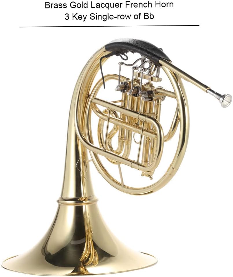 Single Row Three Key French Horn, Brass Gold Lacquer French Horn with 3 Keys in Bb Mouthpiece Gloves Cleaning Cloth, for Student Beginner Teacher