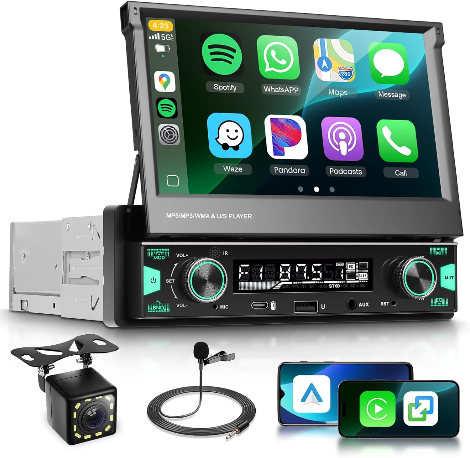 Single Din Flip Out Touchscreen Radio with AM/FM/RDS Wireless Carplay & Android Auto, Sellrich 7