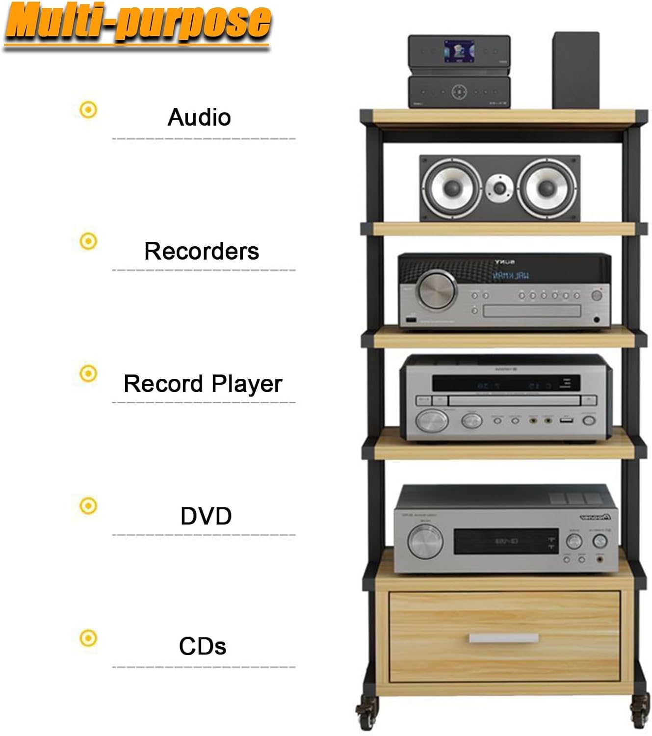 Corner Stereo Stands for Living Room, 6-Tier Media Stand for Home Theater/Bedroom/Office, Mobile Wooden Stereo Cabinet Audio Rack, for Amplifiers/Players/TV Accessories,6 Layer/No Drawers #C